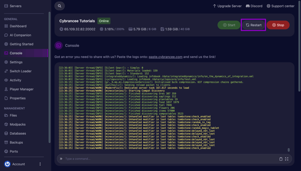 Minecraft all the mods with restart button boxed.