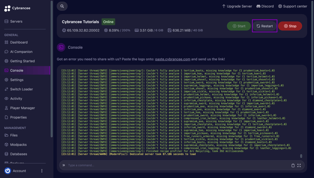 Minecraft all the mods 9 startup logs and box around restart.