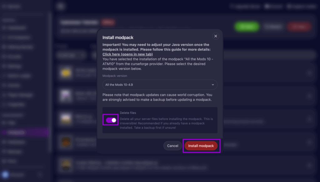 Minecraft All the Mods 10 Install modpack button.
