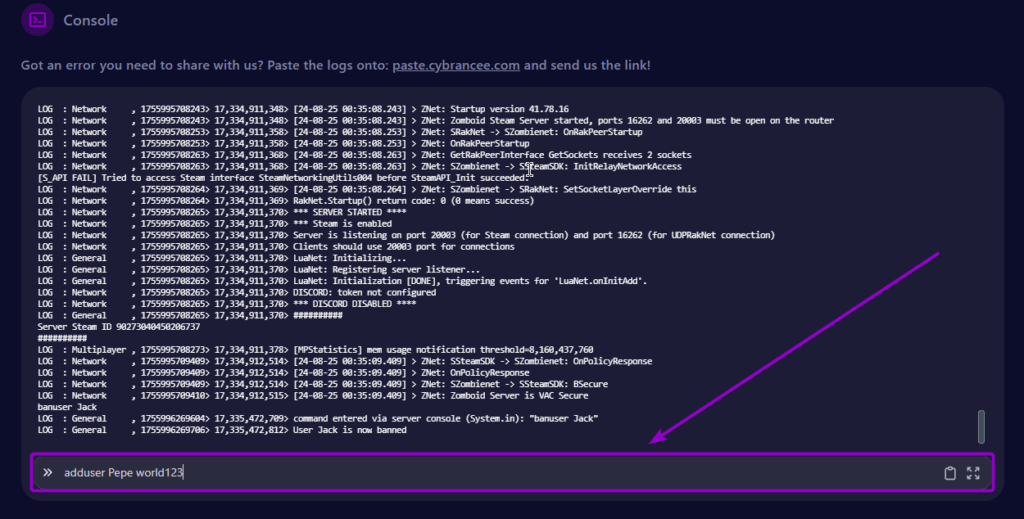 Project-Zomboid-Console-add-user-to-the-whitelist- outlined with arrow