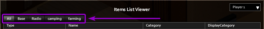 Project-Zomboid-Items-List-Viewer-interface-categories-outlined with arrow