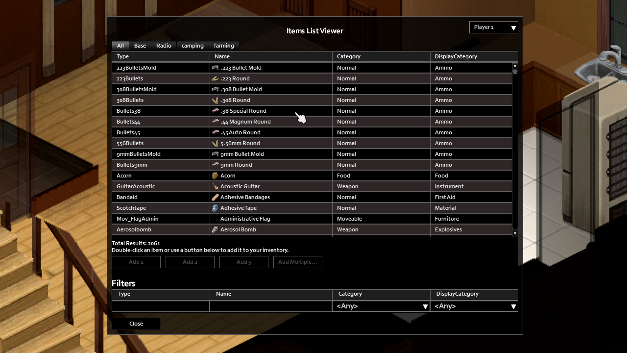Project Zomboid Items List Viewer interface
