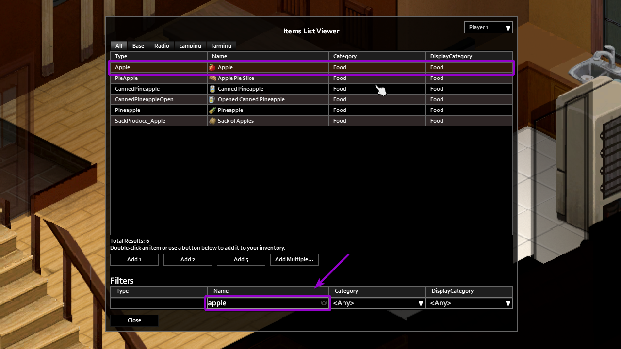 Project Zomboid Items List Viewer item search input outlined with arrow