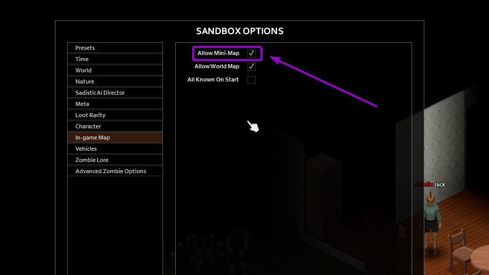 Project Zomboid allow mini-map from sandbox options