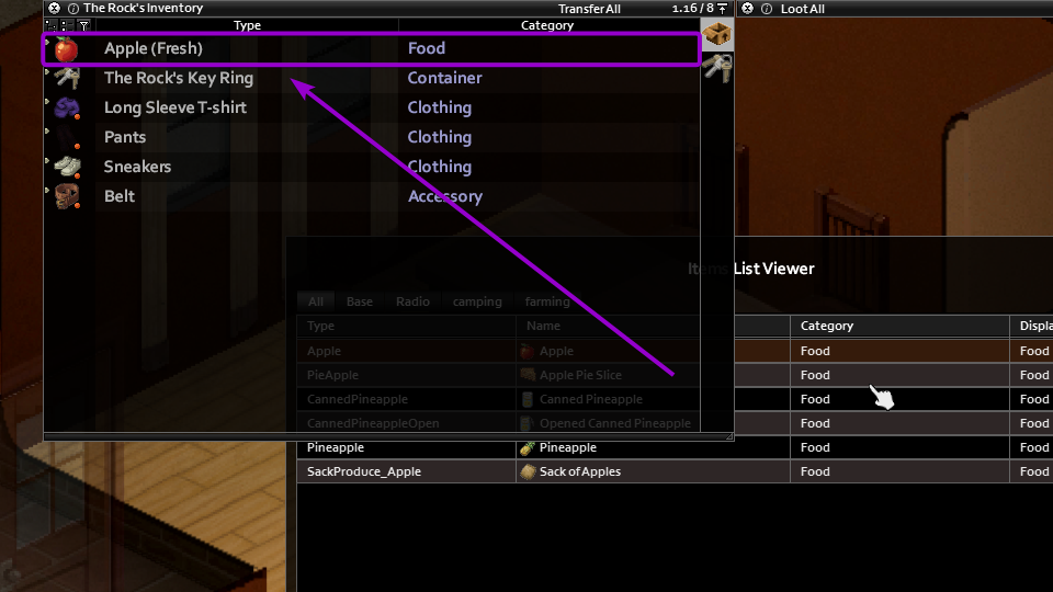Project-Zomboid-item-in-the-player-inventory-outlined with arrow