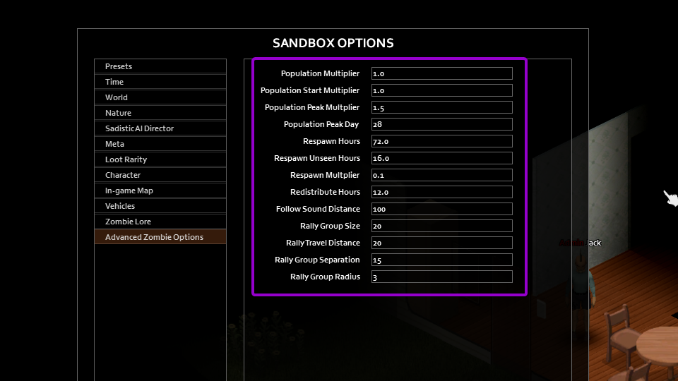 Project Zomboid sandbox advanced zombie options menu options outlined