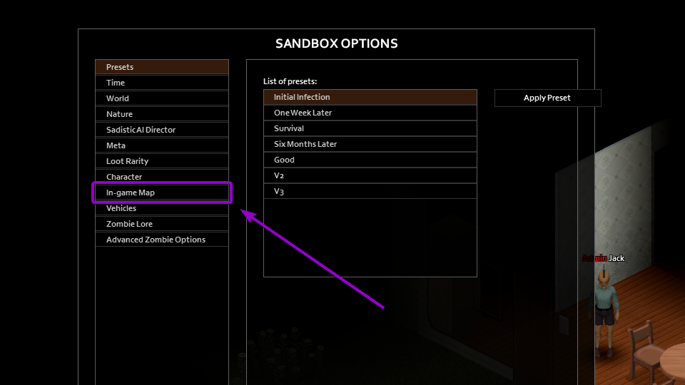 Project Zomboid sandbox in-game map options