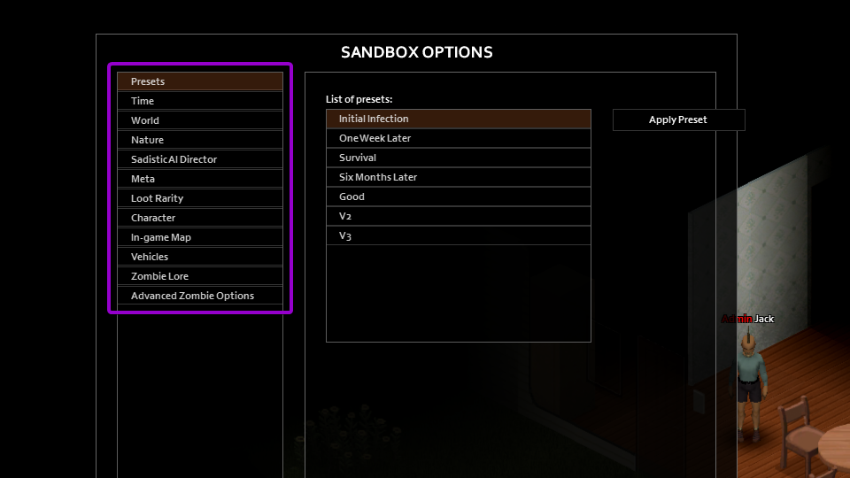 Project Zomboid sandbox menu options interface