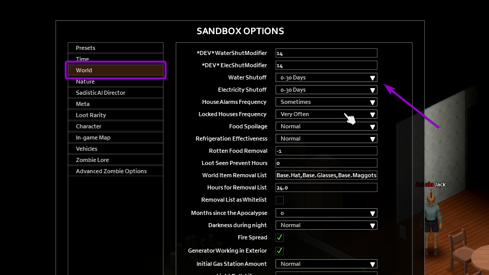 Project Zomboid sandbox world lore options