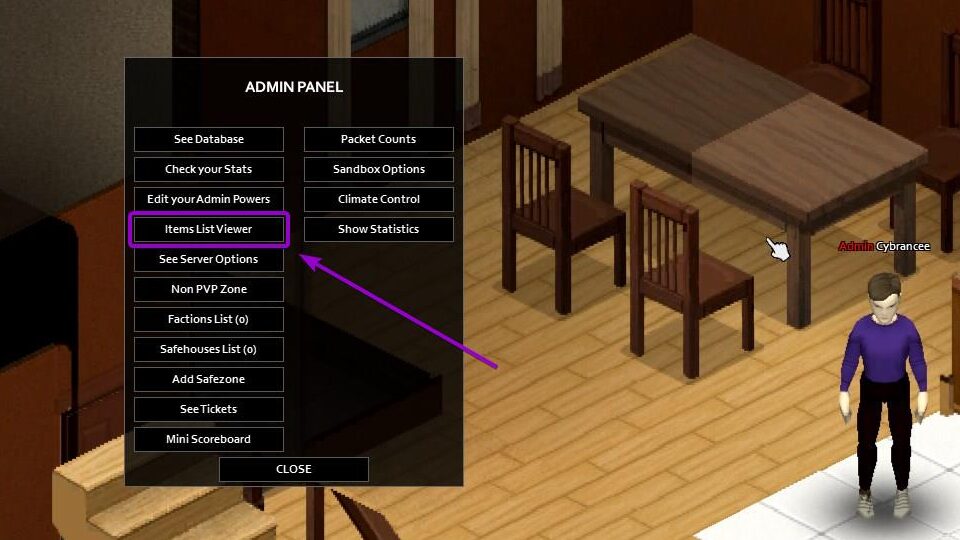 Project Zomboid select Items List Viewer button outlined with arrow