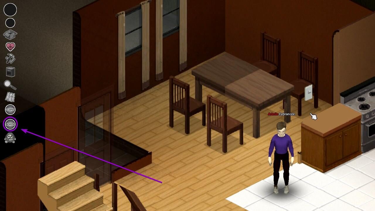 Project Zomboid select admin button outlined with arrow