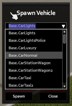Project Zomboid selecting the vehicle to spawn from dropdown menu