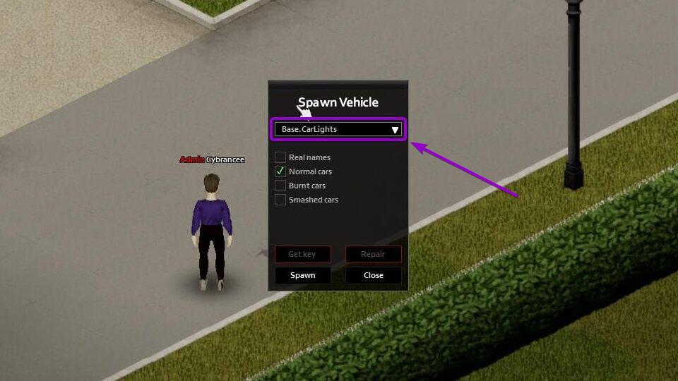 Project-Zomboid-selecting-the-vehicle-to-spawn-outlined with arrow