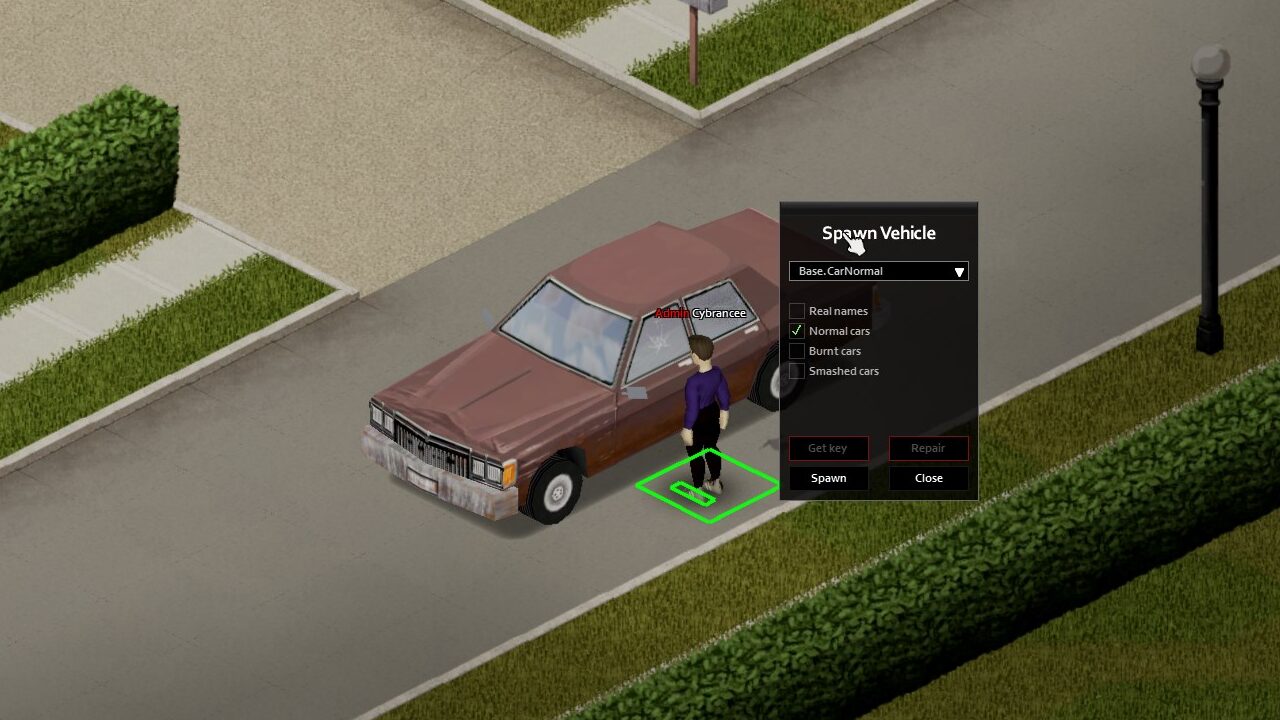 Project Zomboid spawn vehicle menu, with normal cars selected