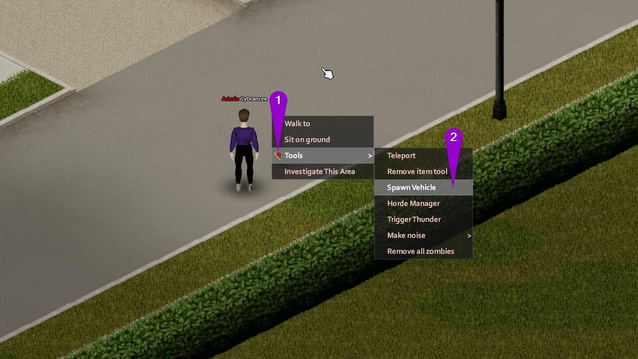 Project Zomboid steps to open the vehicle spawn menu