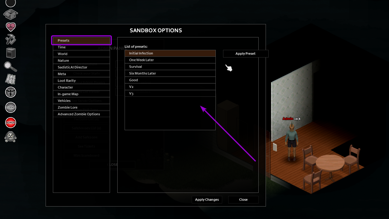 Project Zomboid Admin MenuIn-Game Presets Options