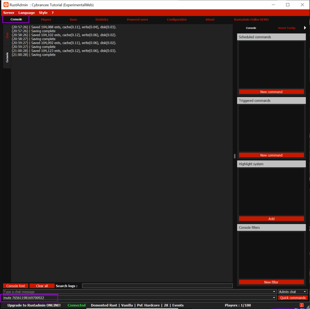 RCON panel with console tab and command field outlined