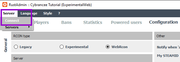 RustAdmin interface with the connect button outlined
