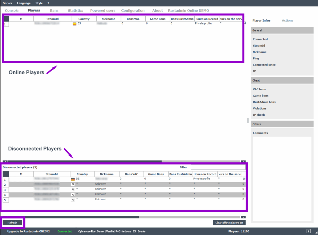 RustAdmin panel with connected and disconnected players list outlined