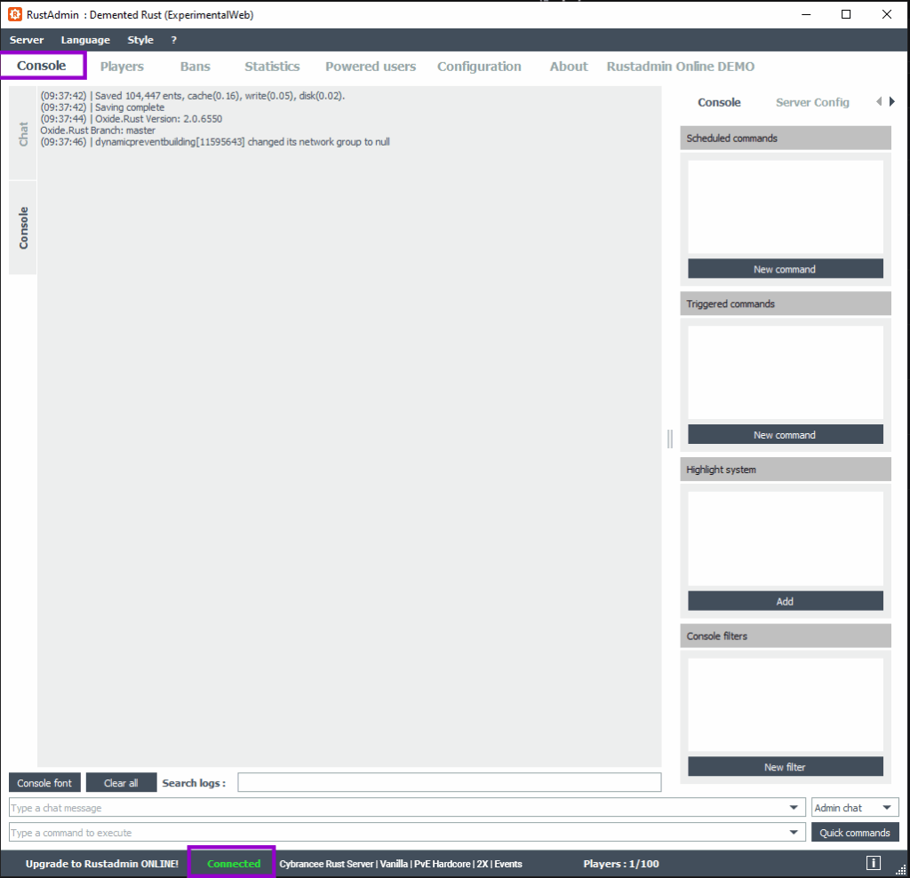 RustAdmin panel showing the console tab selected and the connected status outlined