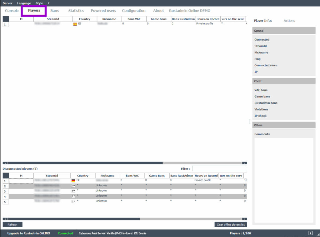 Rust Admin with players tab outlined
