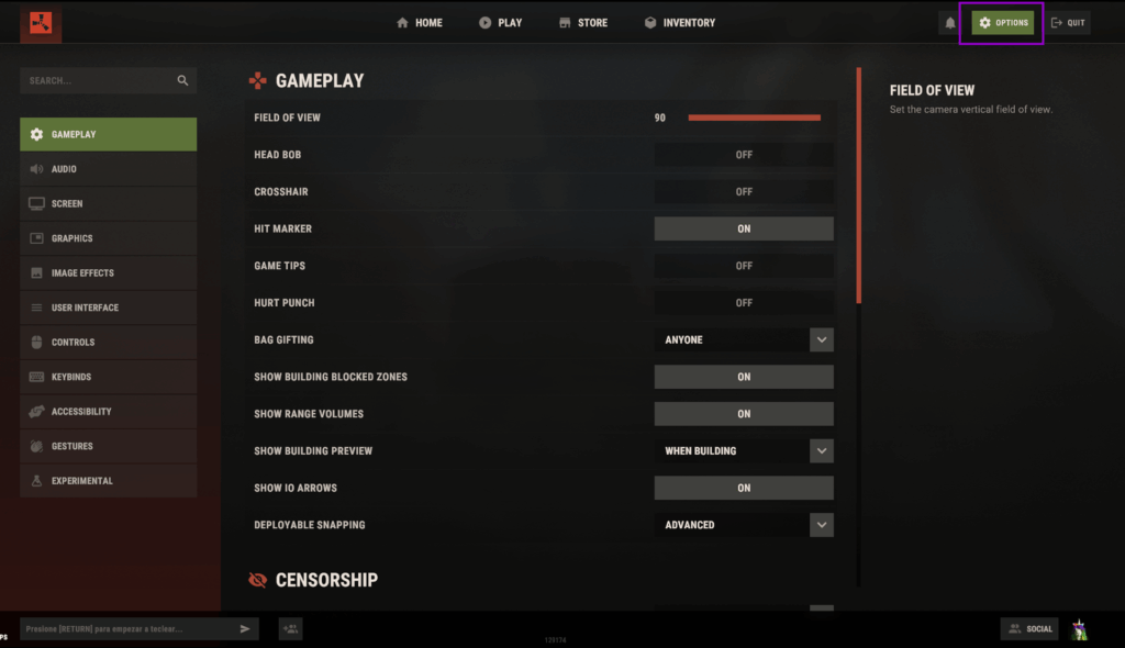 Rust ingame panel with options outlined