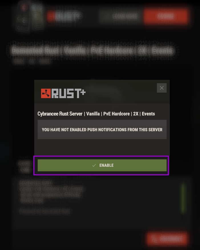 rust in-game rust+ app enable button outlined