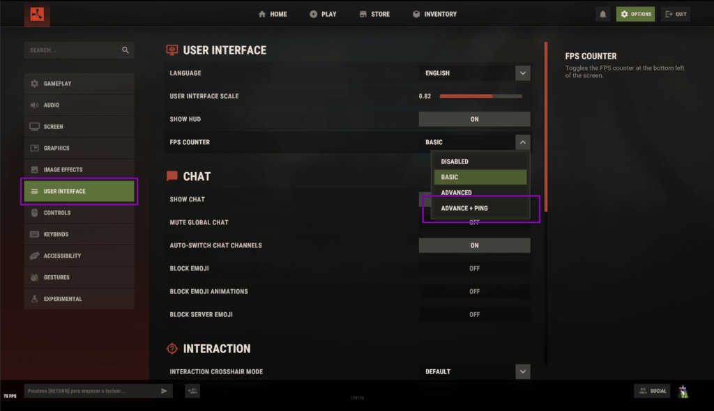 Rust ingame user interface tab and FPS options outlined