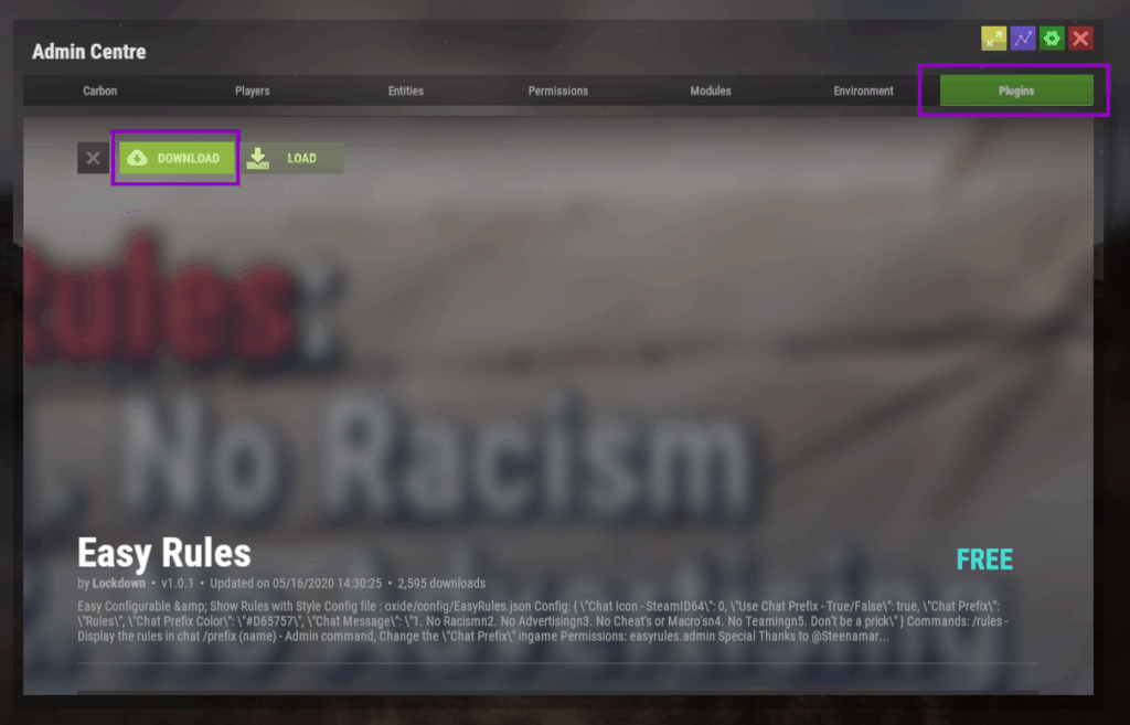 Rust carbon panel plugins download button outlined
