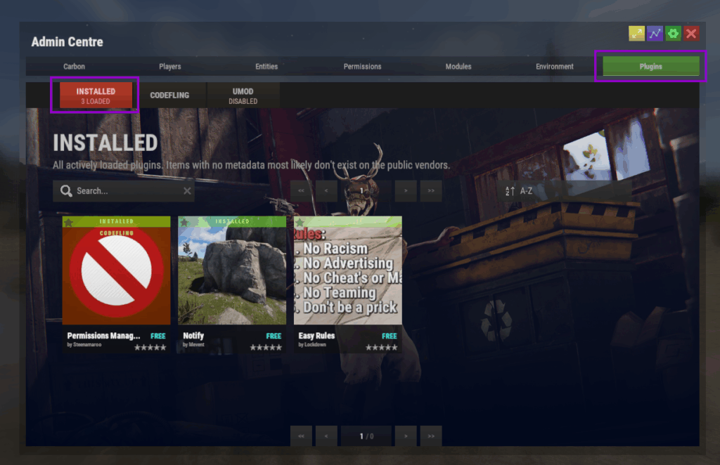 Rust carbon panel plugins installed tab outlined
