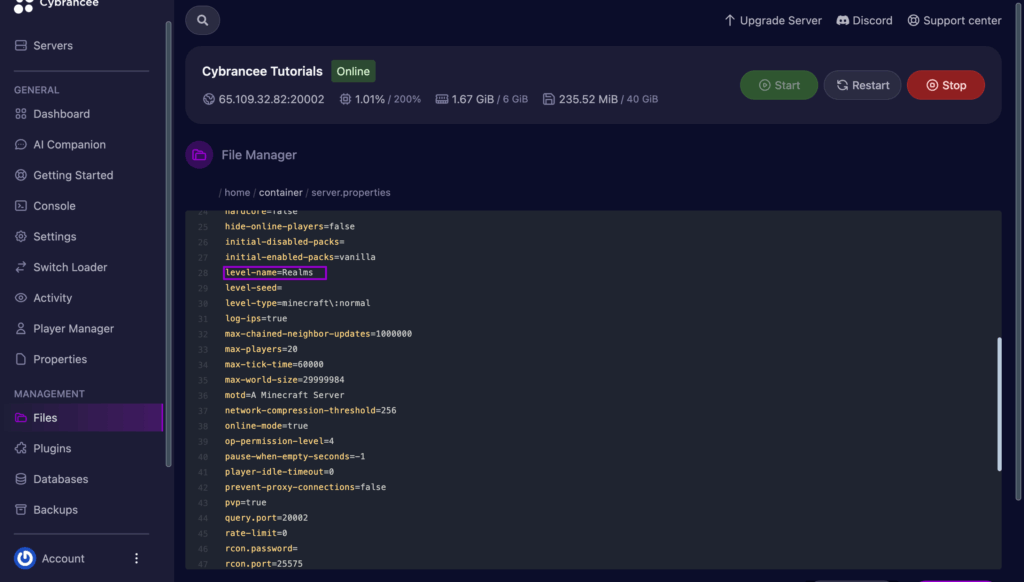 Minecraft server.properties with level name section circled.