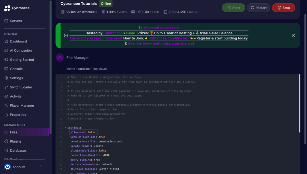 box around allow-end in bukkit.yml Minecraft
