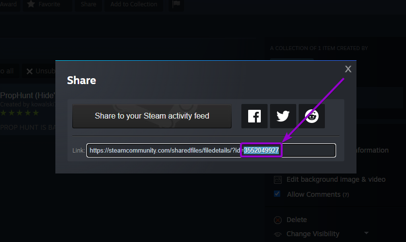 Steam Collection for Garry Mod Game Share Popup with CollectionID Outlined