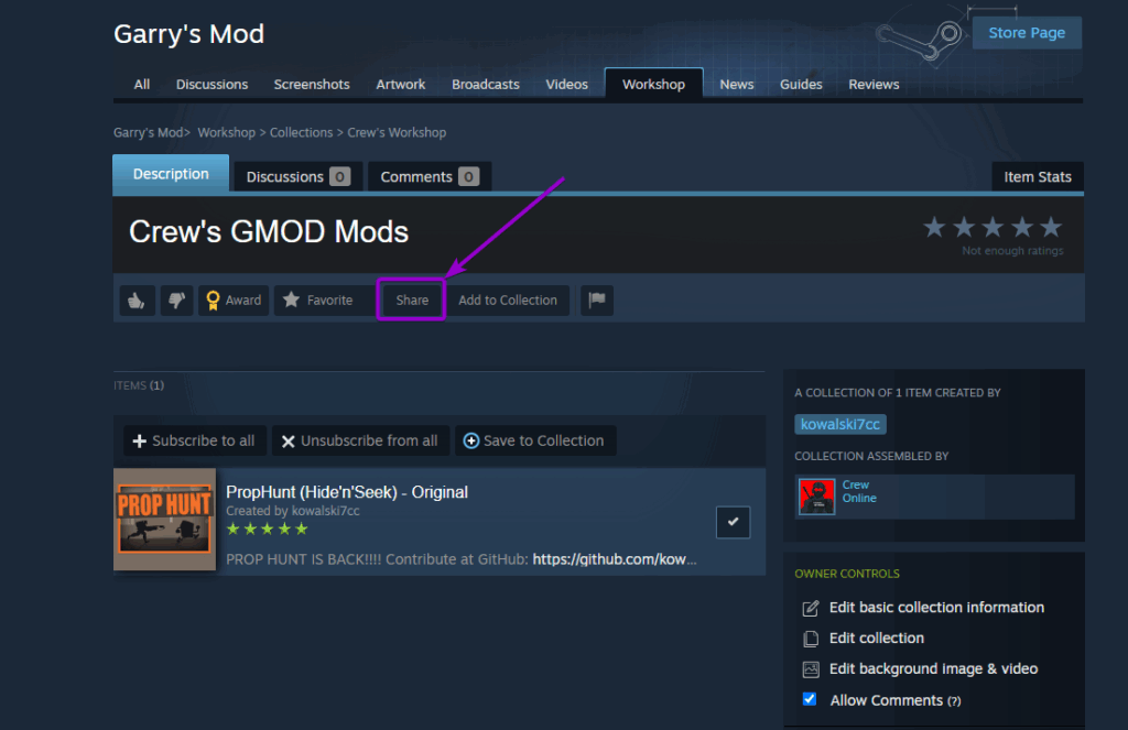 Steam Collection for Garry Mod Gamemodes with Share Button Outlined