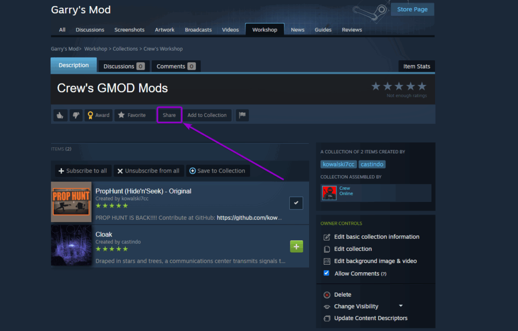 Steam Collection for Garry Mod Map with Share Button Outlined