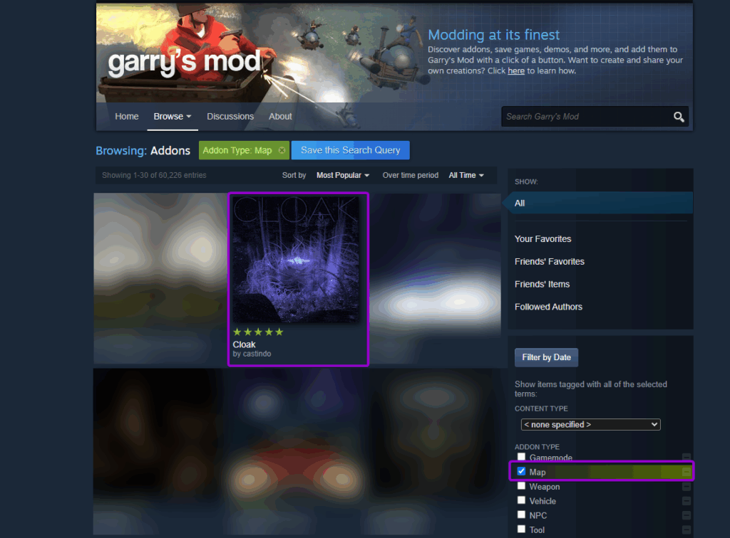 Steam Garry's Mod Workshop Maps Page with Map Outlined