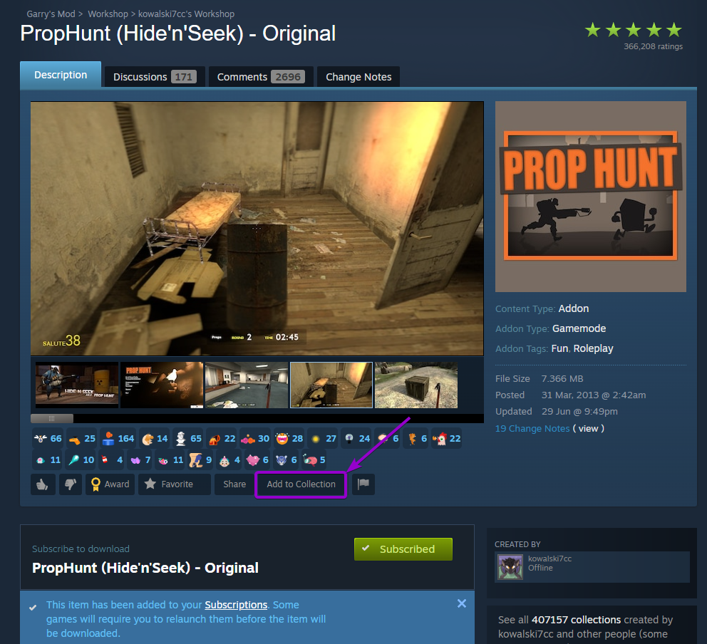 Steam Garrys Mod Workshop Prop Hunt Gamemode with Add To Collection Button Outlined