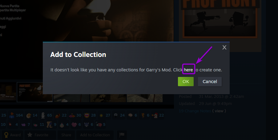 Steam Garrys Mod Workshop Prop Hunt Gamemode with Add To Collection Popup with here Button Outlined
