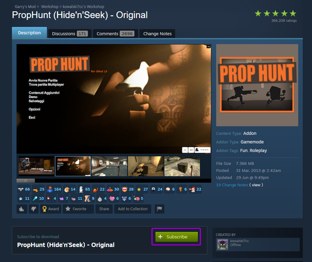 Steam Garry's Mod Workshop Prop Hunt Gamemode with Subscribe Button Outlined