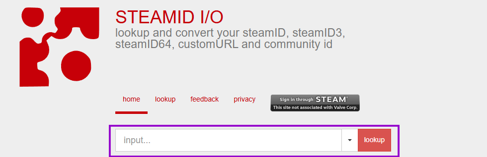 SteamID.io search bar outlined for entering a profile URL or username