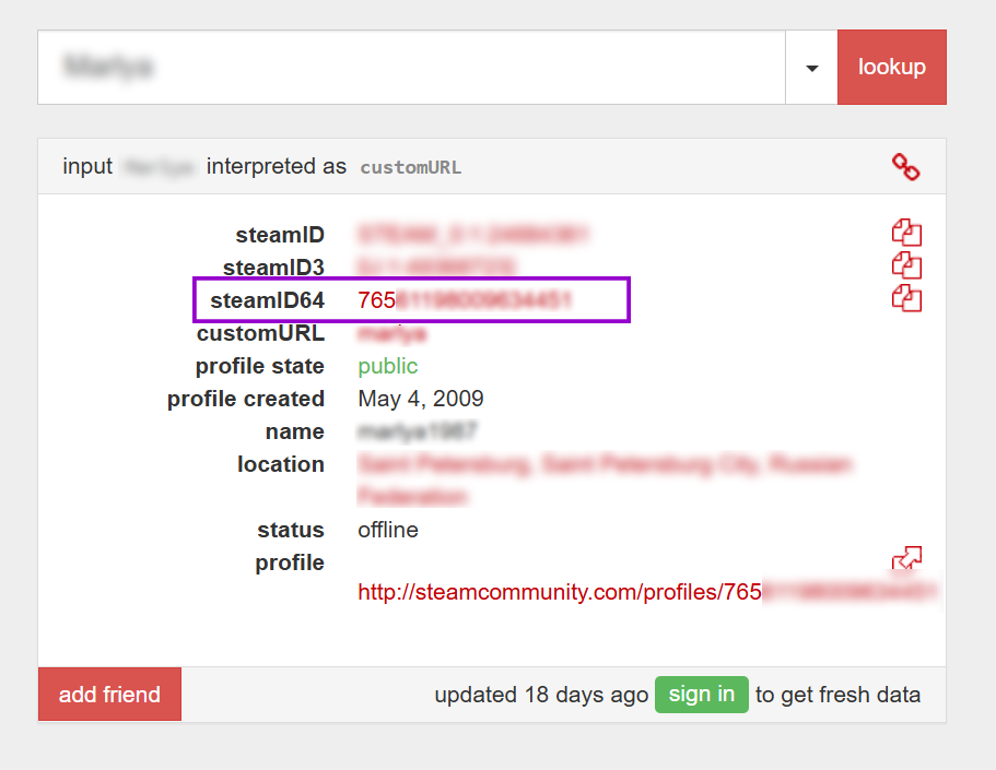 SteamID.io user details page showing the SteamID64 outlined