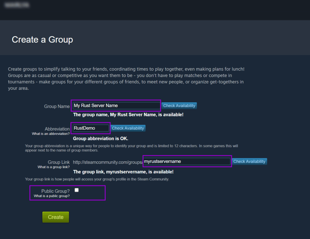 Steam page create new group with fields outlined