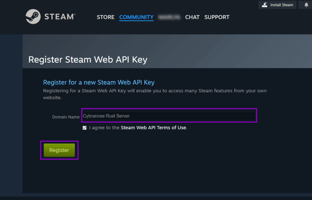 Steam panel registrer steam web AI key with the Register button outlined