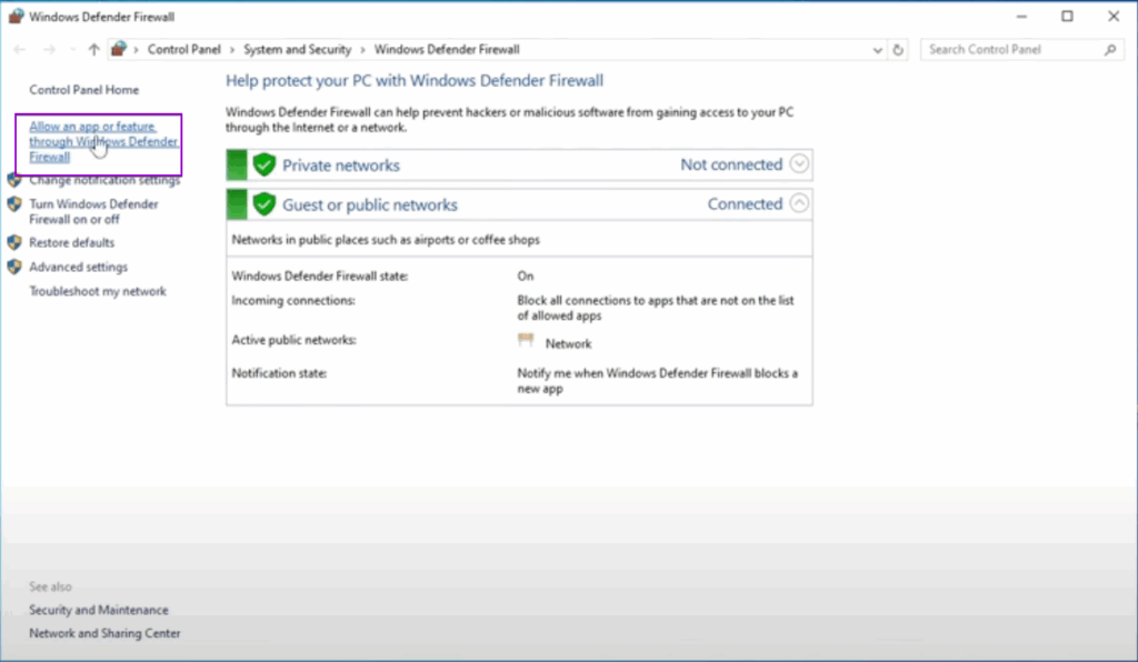 Windows Defender Firewall: Allow an app or feature through Windows Defender Firewall