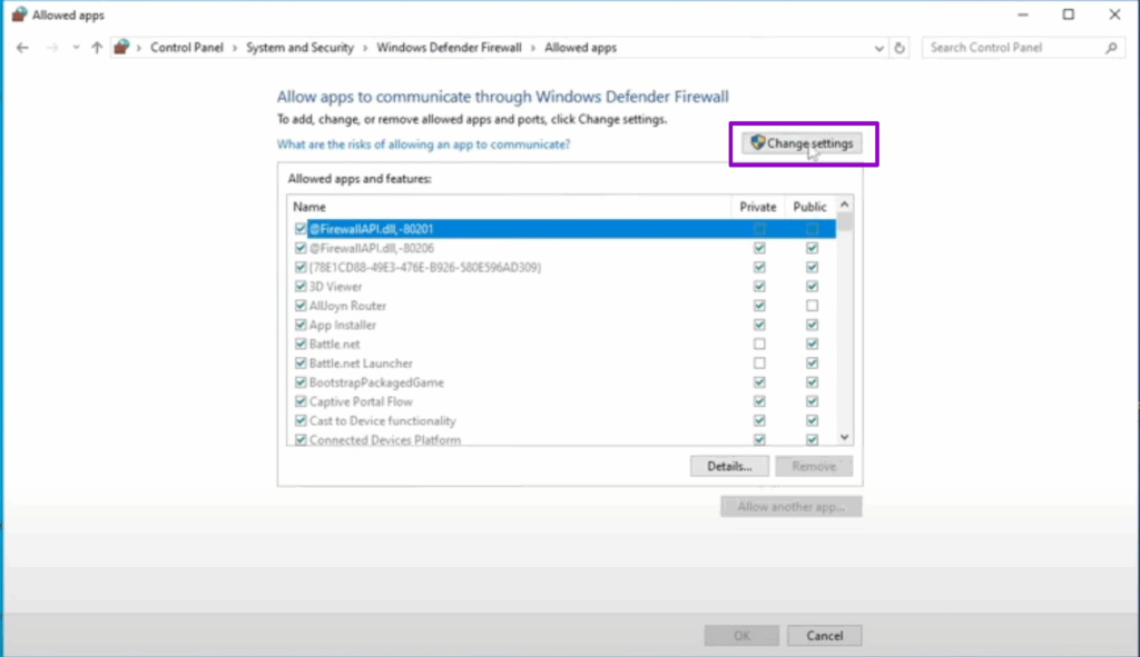 Windows Firewall Change settings with box
