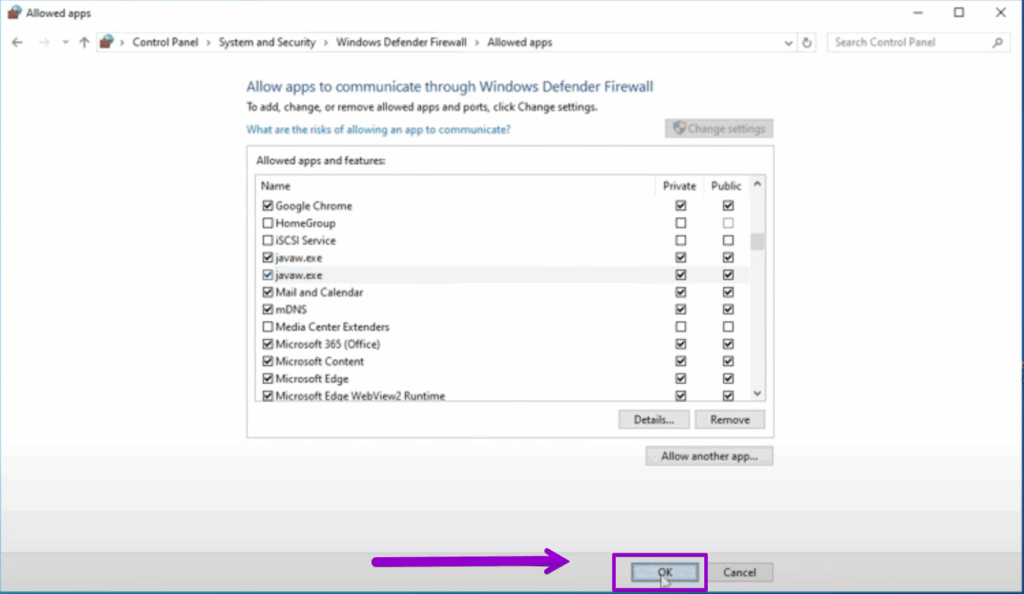 Windows Firewall with a box around ok and an arrow pointing at ok.