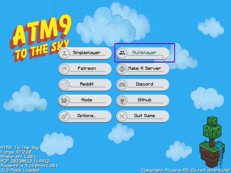 All the Mods 9, To The Sky start page, with multiplayer button outlined