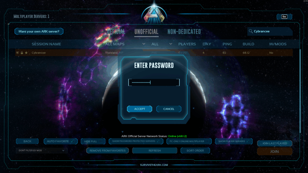 Ark: Survival Ascended unofficial server list, with enter password modal