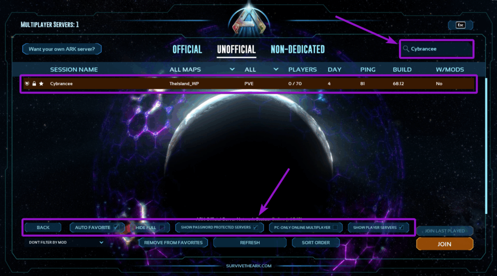 Ark: Survival Ascended unofficial server list, with search field outlined