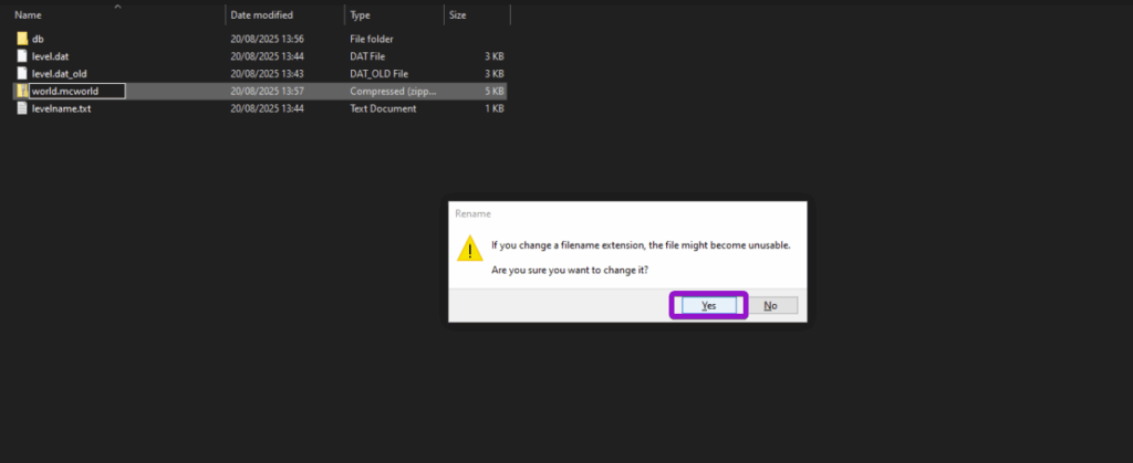 The windows explorer warning for renaming a file with the Yes option highlighted
